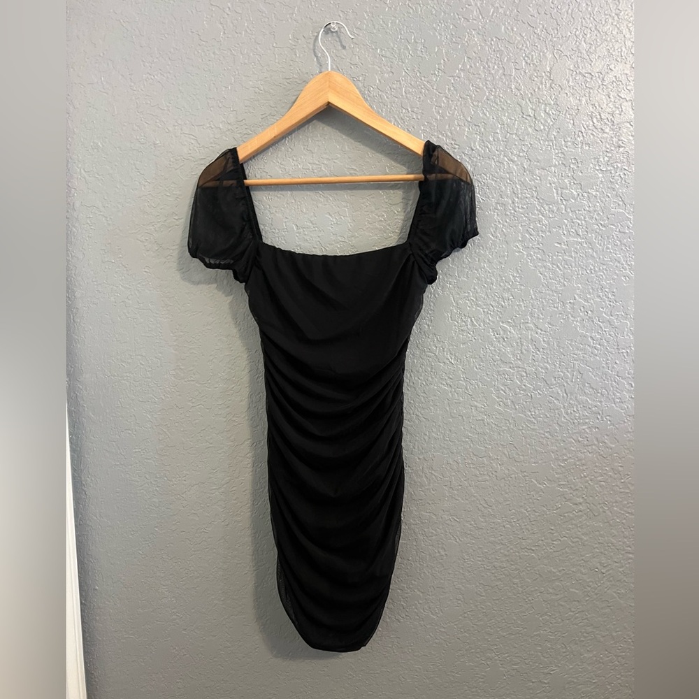 Princess Polly • Charvi Mini Dress Black Ruched Sheer Puff Sleeves Mesh Size 6